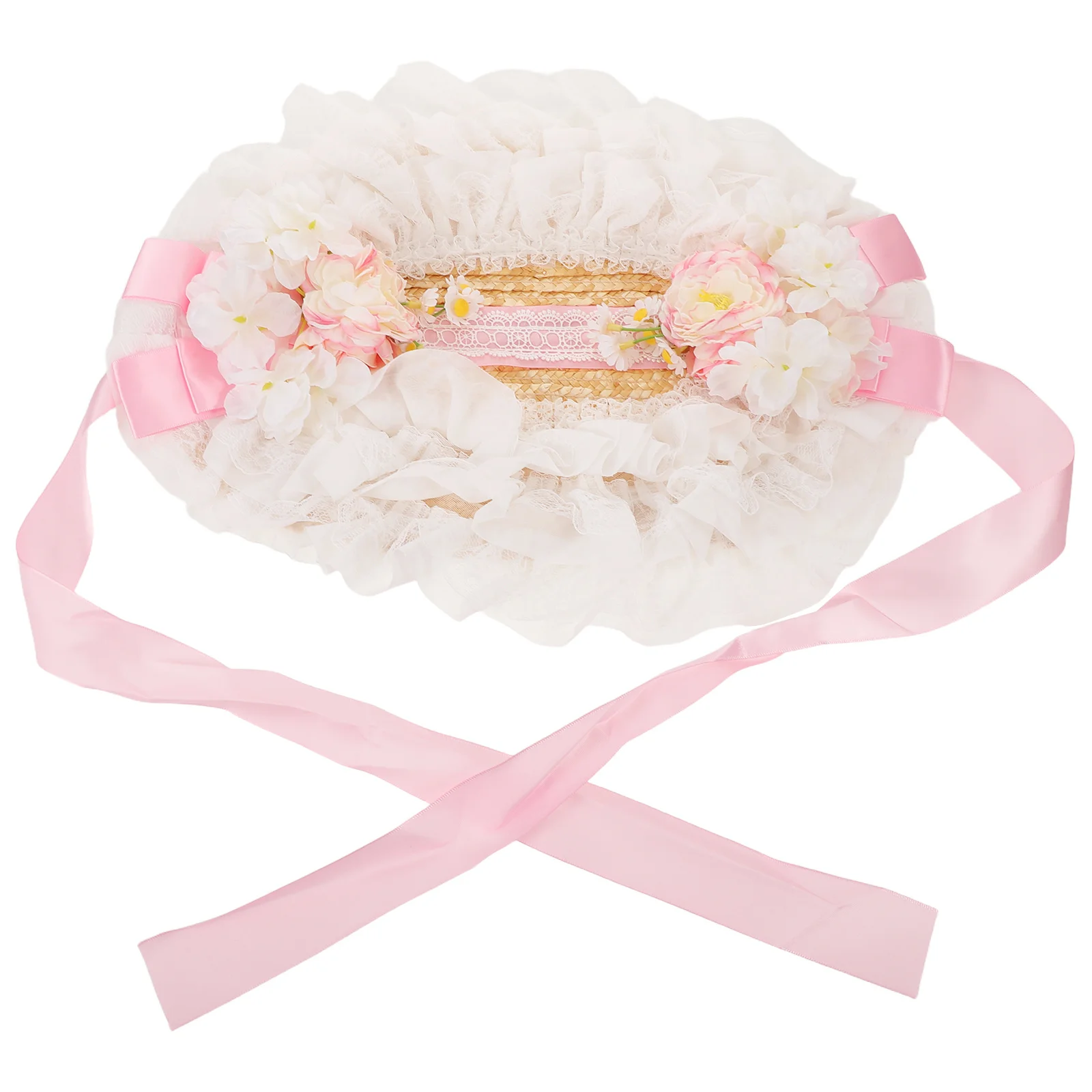 

Lolita Rattan Hat Wide Brim Floral Design Victorian Lace For Women Garden Beach Holiday Uv Protection Woven Sun Hat