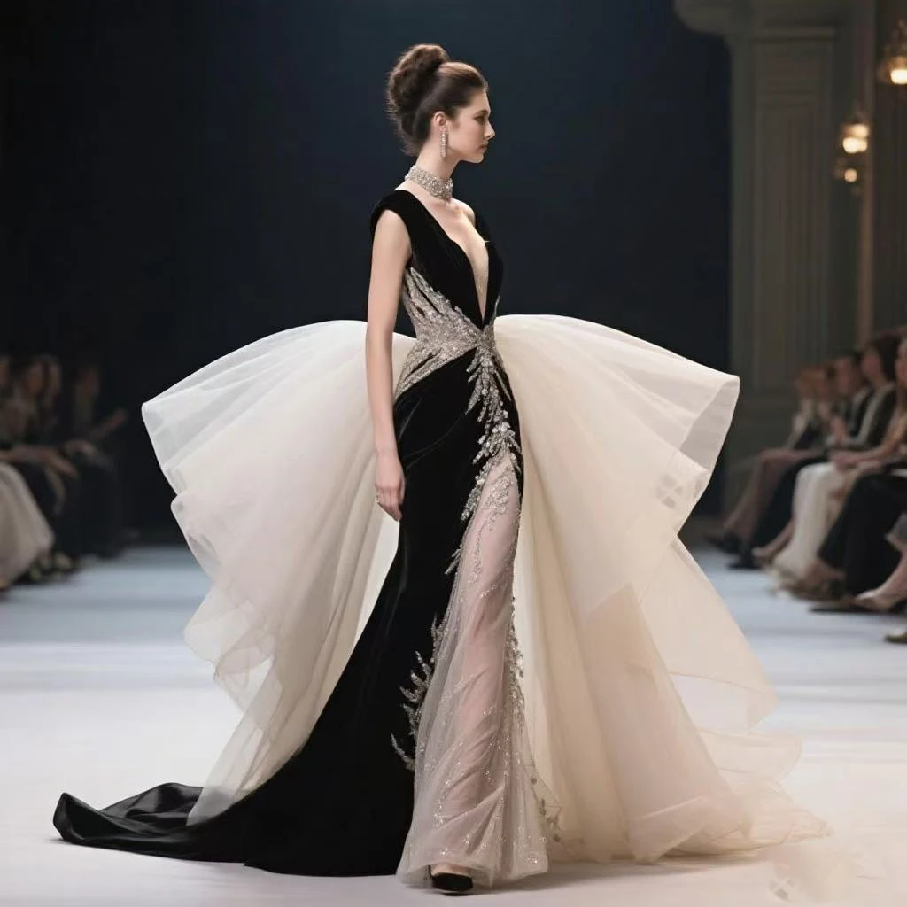 فستان سهرة رسمي أسود فاخر مطرز فستان حفلة موسيقية فتحة عالية قطار عميق على شكل حرف V فساتين حفلات سباركلي مخصصة