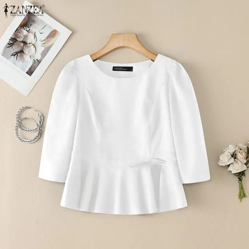 

Летние элегантные белые блузки с оборками, женские топы с круглым вырезом, рукавами 3/4, принцессными швами и боковой молнией ZANZEA 2026, женская одежда