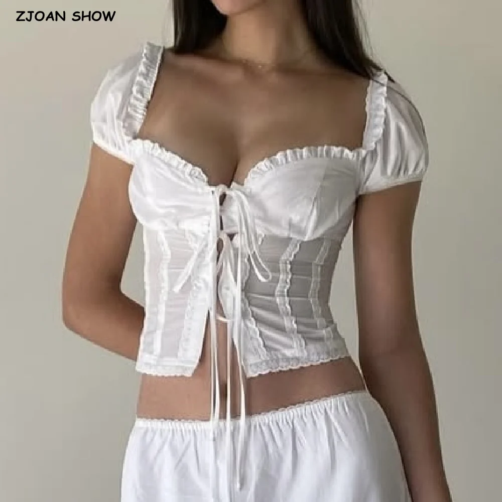 2025 Sexy White Spliced embroidery Lace Short Puff Sleeve Shirt Women V neck Lacing Up Tie Bow Front Slim Waist Crop Tops