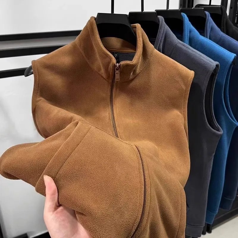 Men's Casual Fleece Vest Double-Sided Warm Shoulder Pad Vest Loose Fit Sleeveless Jacket for Working Autumn Winter Wear