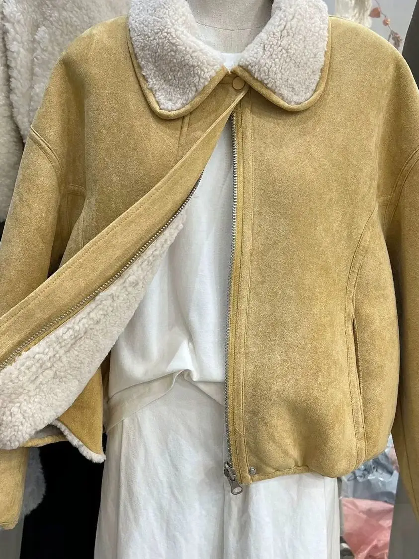 

Высококачественная замшевая куртка из европейского меха ягненка с тонким воротником и застежкой-молнией, женское повседневное модное теплое пальто