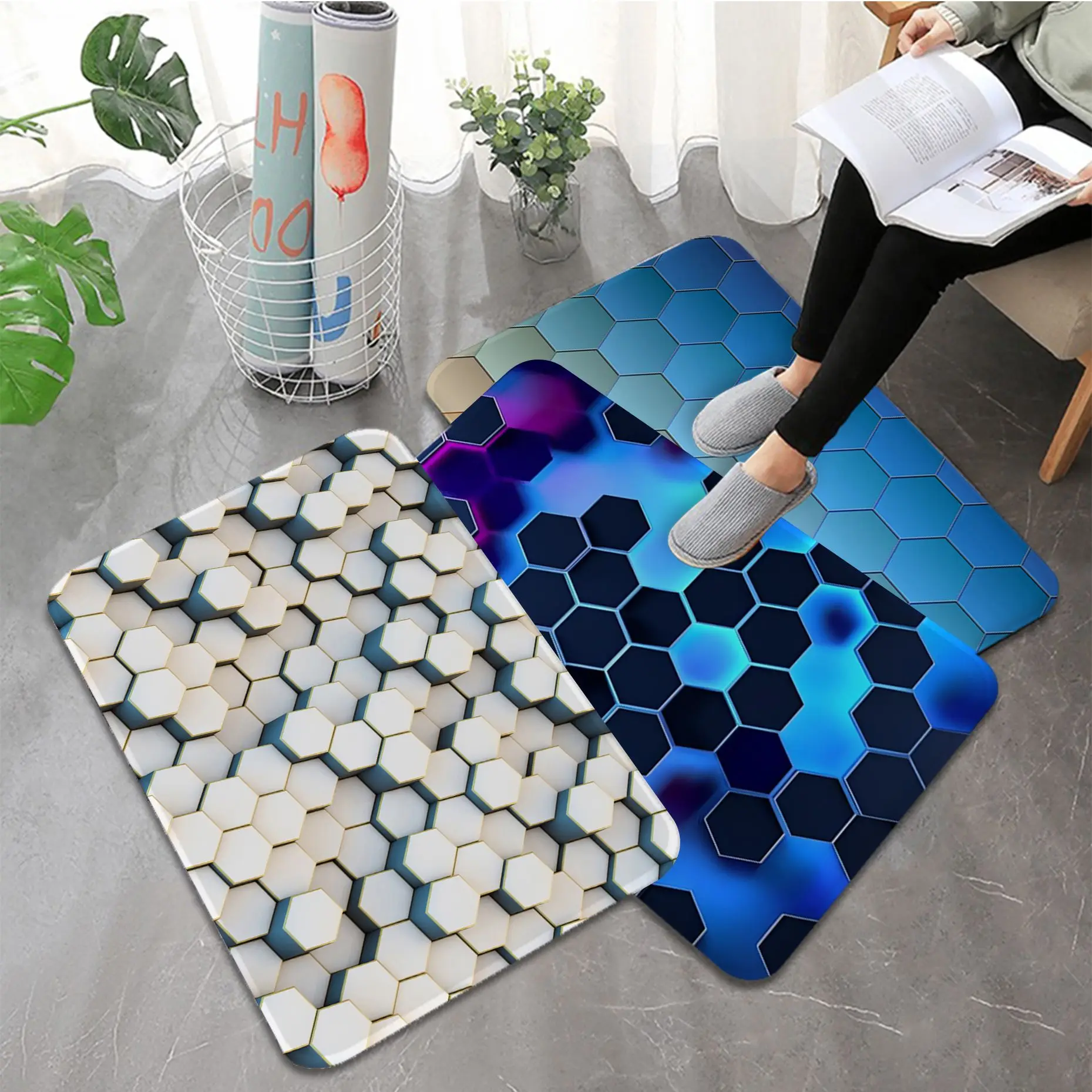 Geometry Hexagon Floor Mat Bathroom Mat Kids Room Bedroom Decoration Balcony Anti-Slip Doormat Living Room Welcome Rug