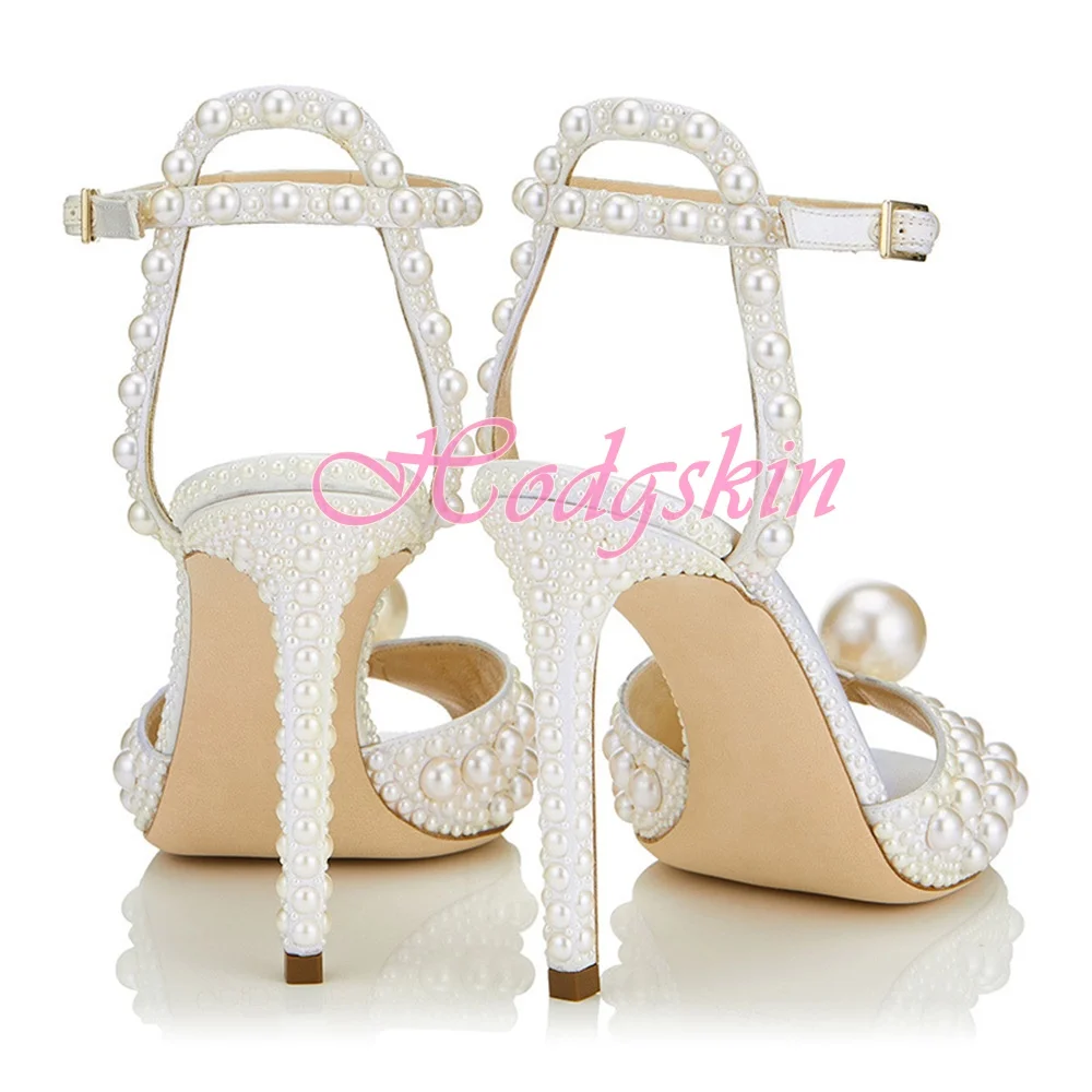 Pearl Studded Buckles Sandals Peep Toe Sexy Design Women Shoes Solid Stiletto Heels Ankle Straps Summer Party Wedding Pumps Shoe