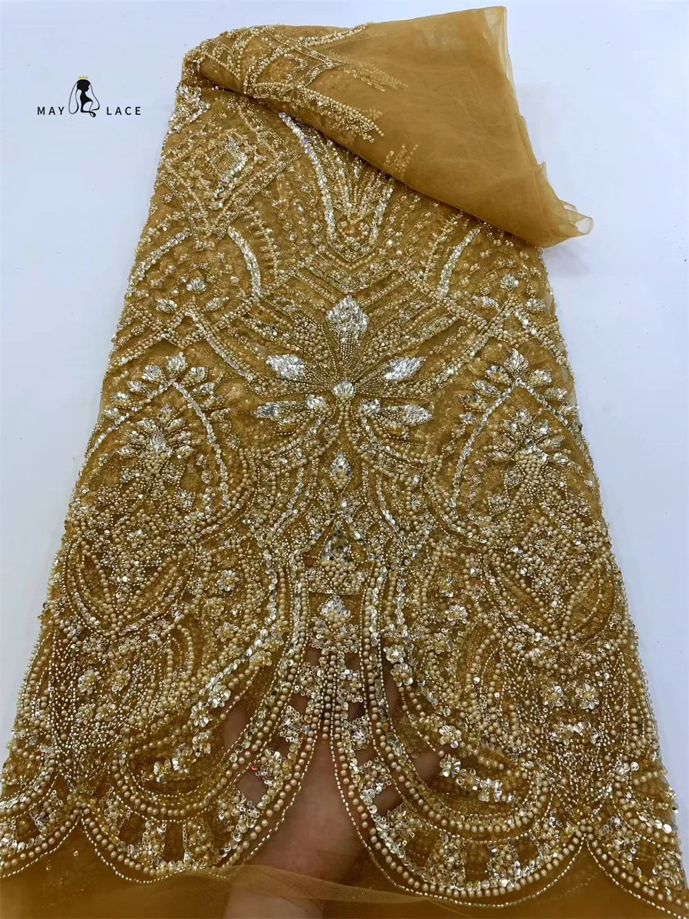 

Latest African Sequins Lace Fabric 2025 High Quality Gold Lace Embroidery Beaded Mesh Lace Fabric For Women Wedding Party Dress