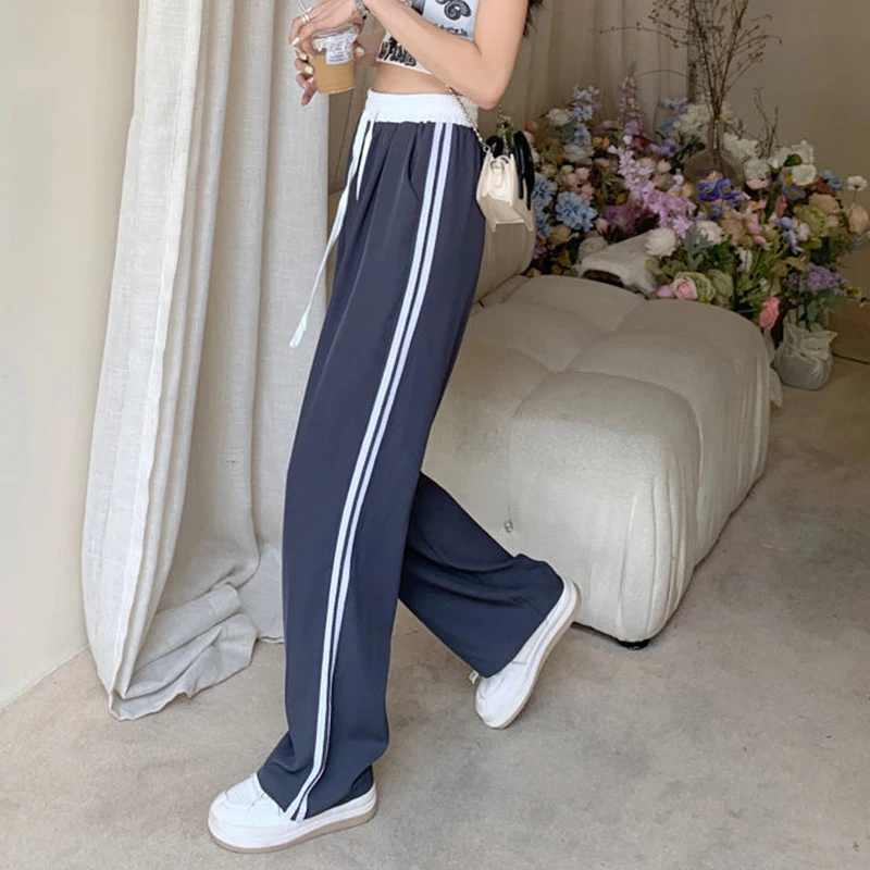 Gidyq Summer High Waist Sweatpants Women Fashion Patchwork Stripes Straight Leg Pants Casual Female Streetwear Wide Leg Trousers