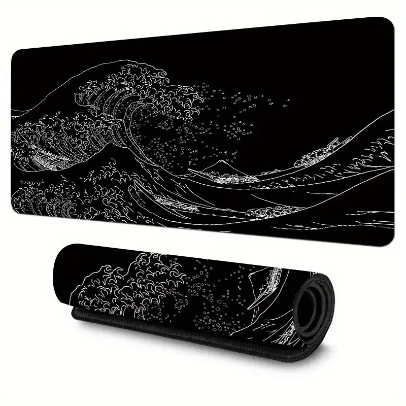 Japanese Black Sea Wave Large Mouse Pad, Extended Gaming Mouse Pad, Learning Pad, Office Pad, with Edge Stitching, Rubber Base