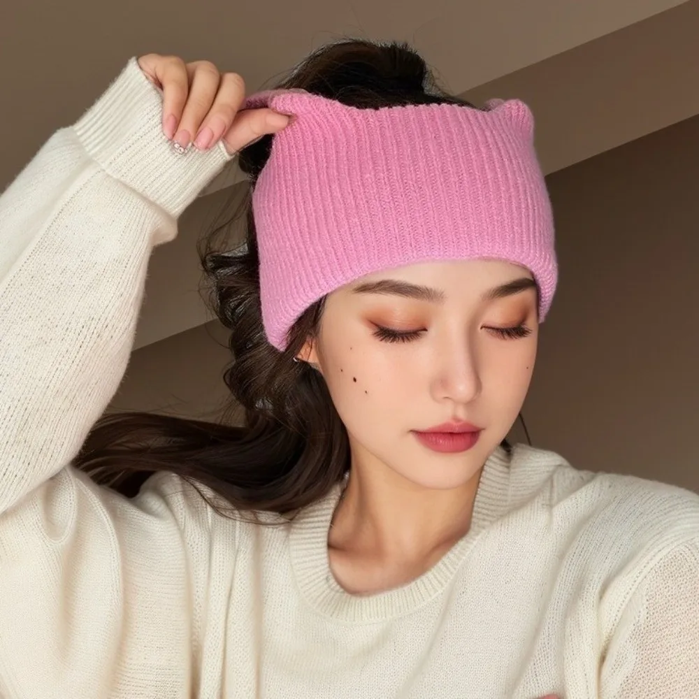 Cute Wide-brimmed Cat Ears Headband Face Wash Solid Color Knitted Headband Ear Protection Head Wrap Female