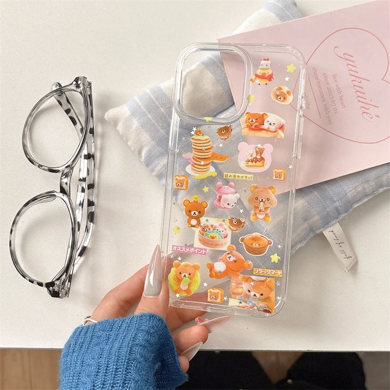 

Korean Anime Cute Couple Bear Bling Glitte Phone Case For iPhone 13 14 15 16 Pro Max 15pro Funny Bear Bread cake cartoon Shell