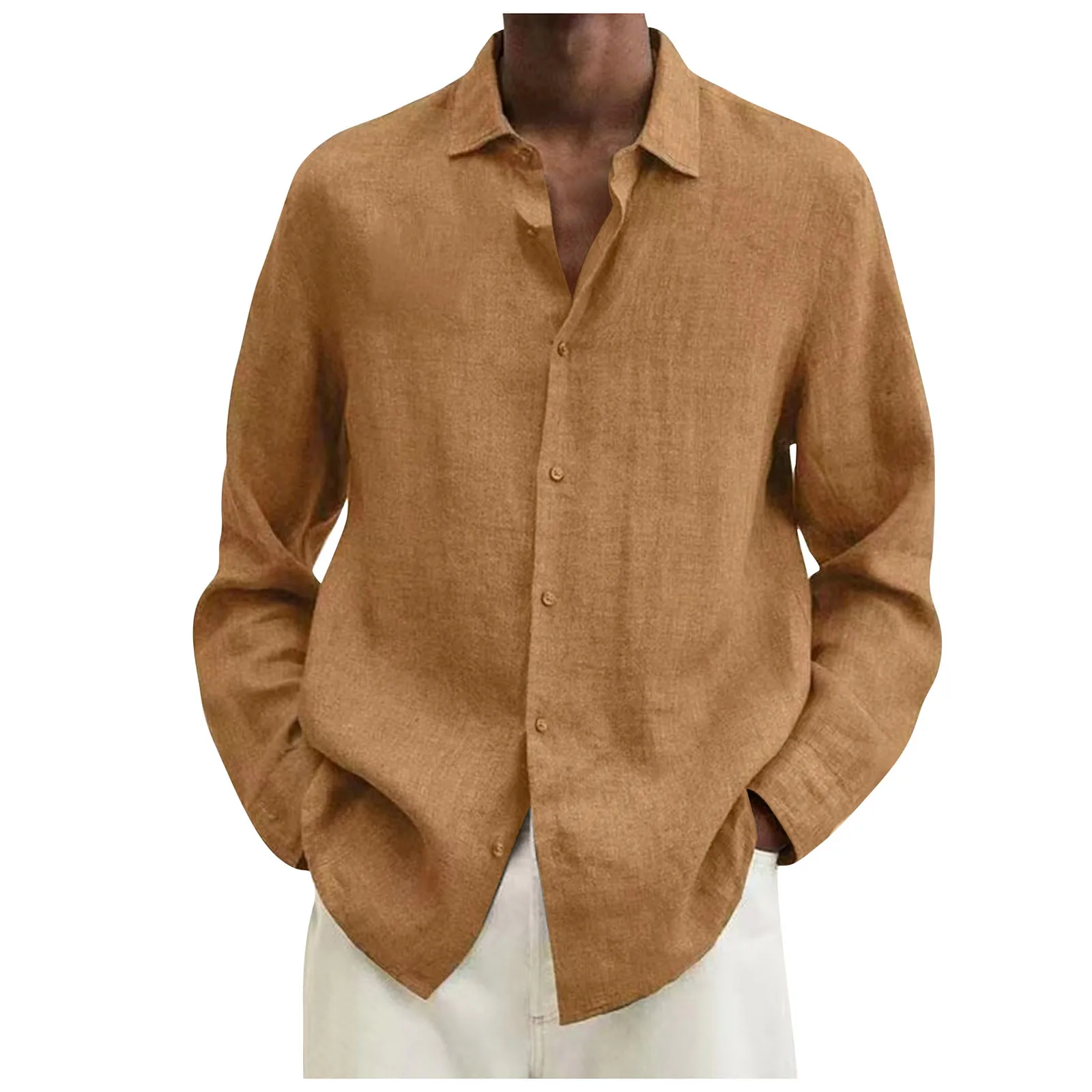 Chemises à manches longues en coton et lin pour hommes, chemises à revers monochromes, simple et décontracté, mode classique, printemps et automne