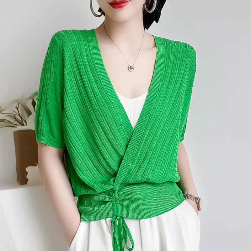 

Elegant V-Neck Spliced Shirring Lace Up Bow Asymmetrical Blouse Women's Clothing Summer New Casual Pullovers Korean Shirt ZL972