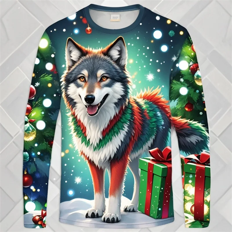 3D Print Animal Husky Graphic Long Sleeve T Shirt For Men Merry Christmas Crewneck Oversized Tshirts Clothes Mens Tee Tops