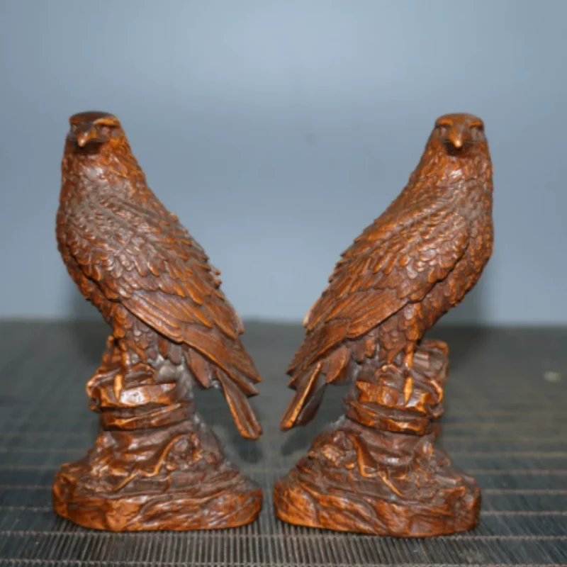 Vintage Yellow Boxwood Eagle Carving a pair - Traditional Chinese Wood Artwork, Study Desk Decor & Collectible