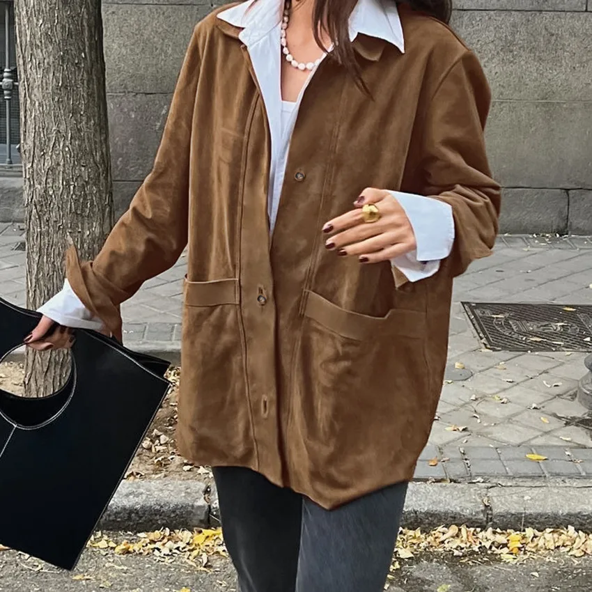 

Brown Ladies Autumn Winter Coat Long Sve Lapel Thi Faion Single Button ket Women's Top Quali Camere Commute Sle