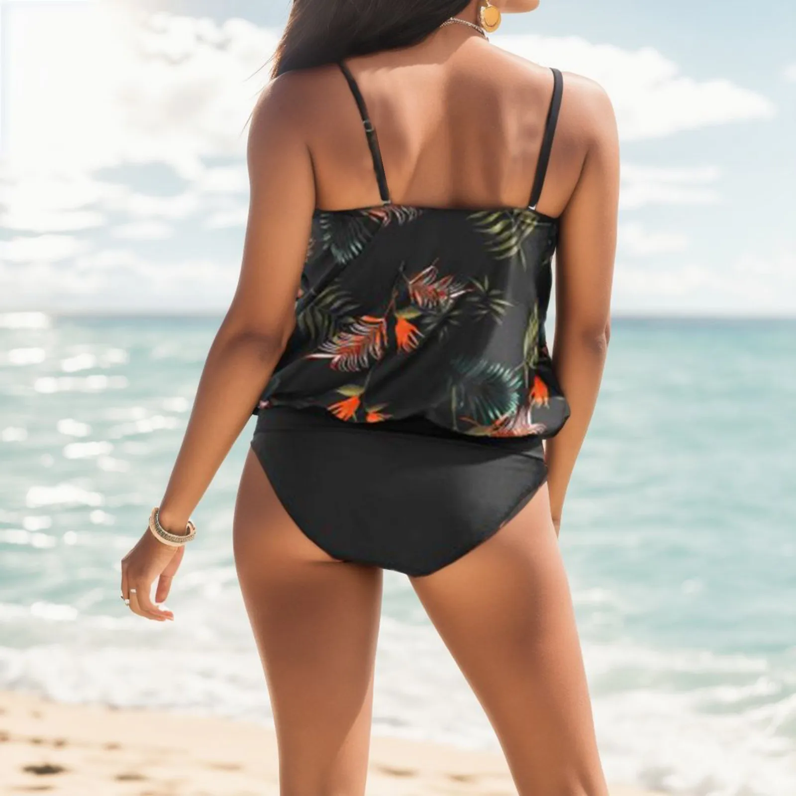 Women Swimsuits Print Split Floral Loose High Waist Fashion Bathing Suit Solid Print Beach Swimwear Bikinis Tankini Summer