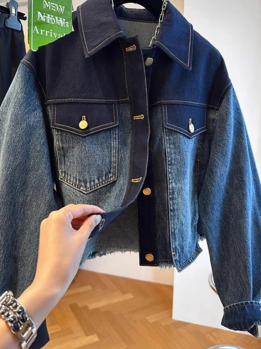 Vintage Blue Patchwork Crop Denim Jacket Women Korean Style Turn-down Collar Single-breasted Short Jeans Jackets Autumn Overcoat