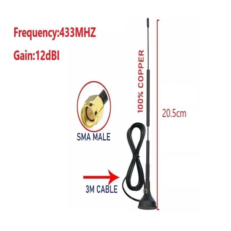 5 Stück/Los 433Mhz Saugnapf-Antenne LoRa Verstärkung 5dbi/12dbi SMA Stecker Magnetfuß 3 Meter Kabel IOT Signalverstärker Drahtloser Repeater – Detail 4