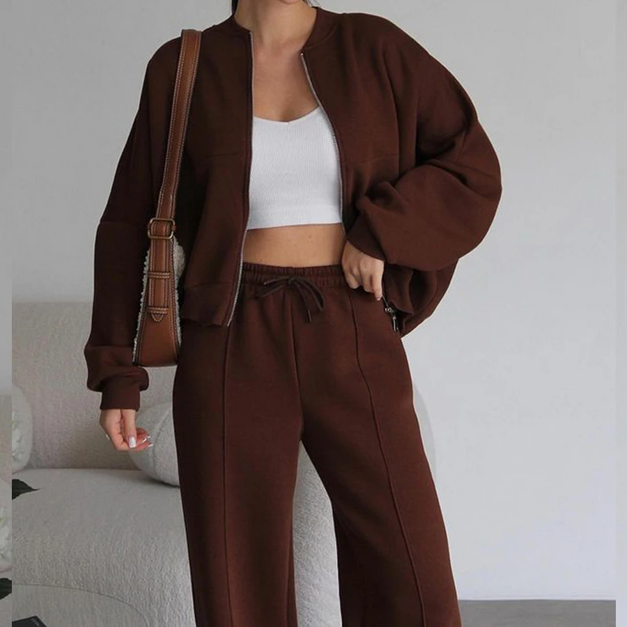 

Women Two Piece Sets Casual Sportswear Zipper Matching Sets Knitted Coats Wide Leg Long Pants High Waist Y2k Streetwear