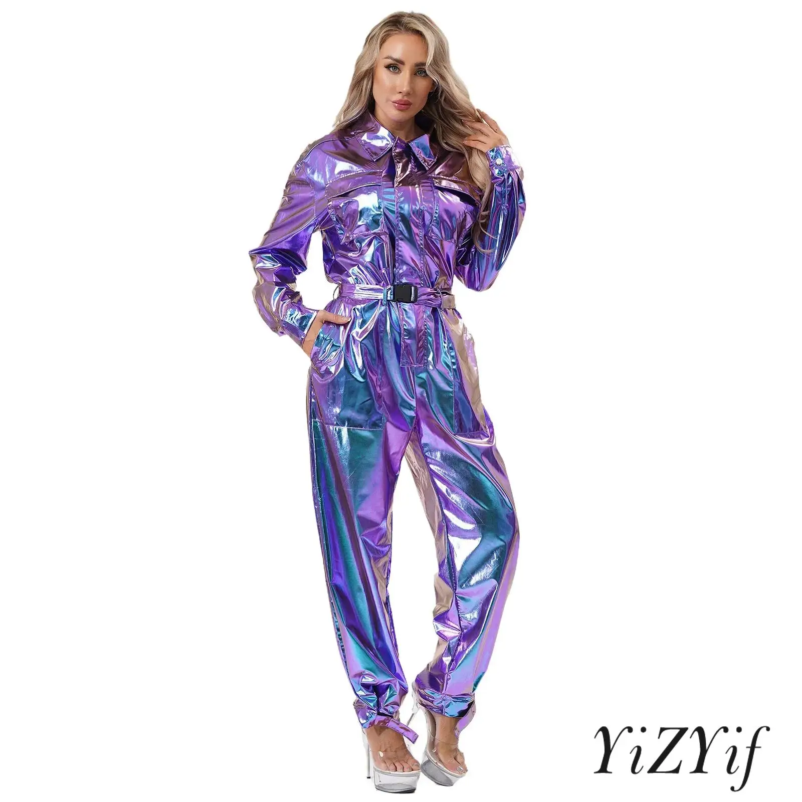 

Women Shiny Metallic Overalls Bodysuit Turn-down Collar Long Sleeves High Waist Disco Jumpsuit And Waistband Halloween Costume