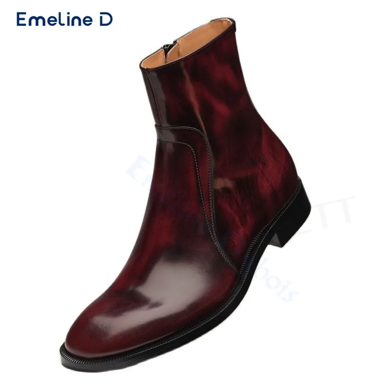 Dark Red Retro Handmade Boots Side Zipper Pull-On Business Leather Boots Fashionable Personality Solid Color Casual Men's Boots