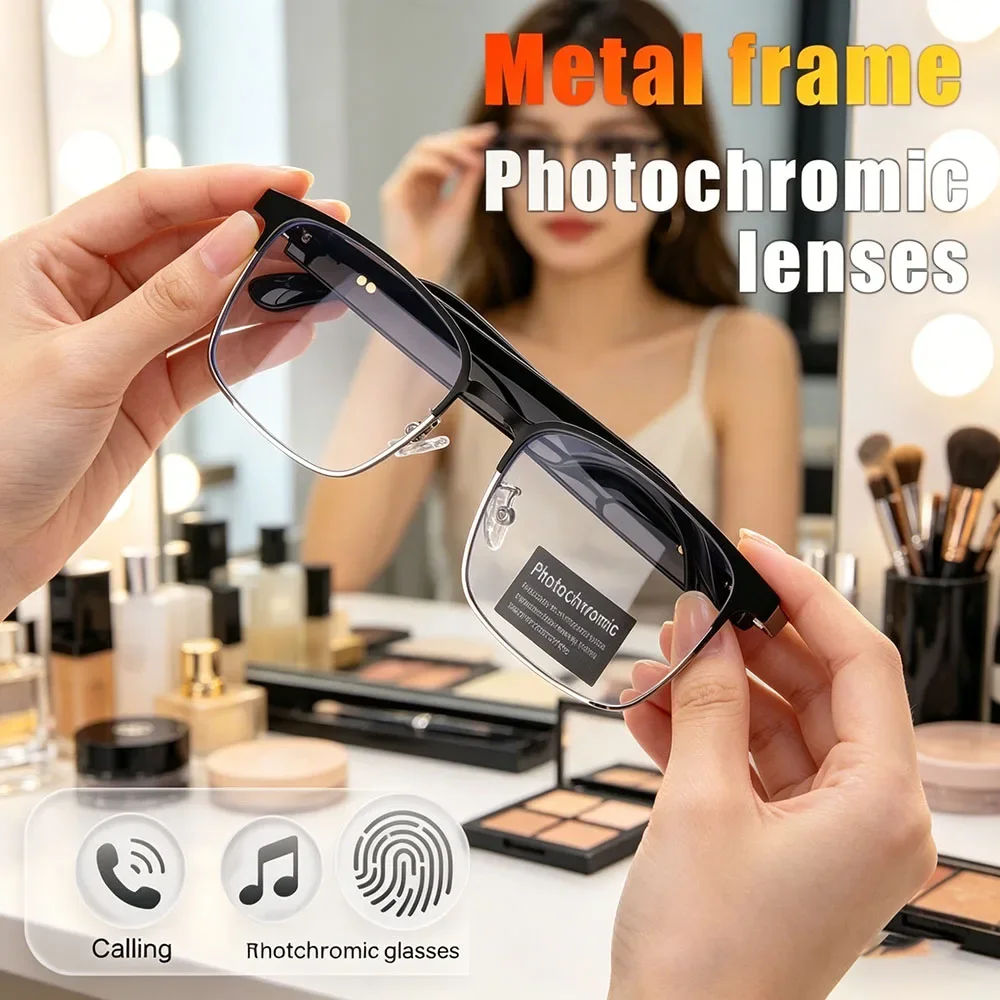 

Color-changing Lenses AI Smart Glasses, Metal Frame Wireless Bluetooth Headset Dual Touch Multi-function for Men Women