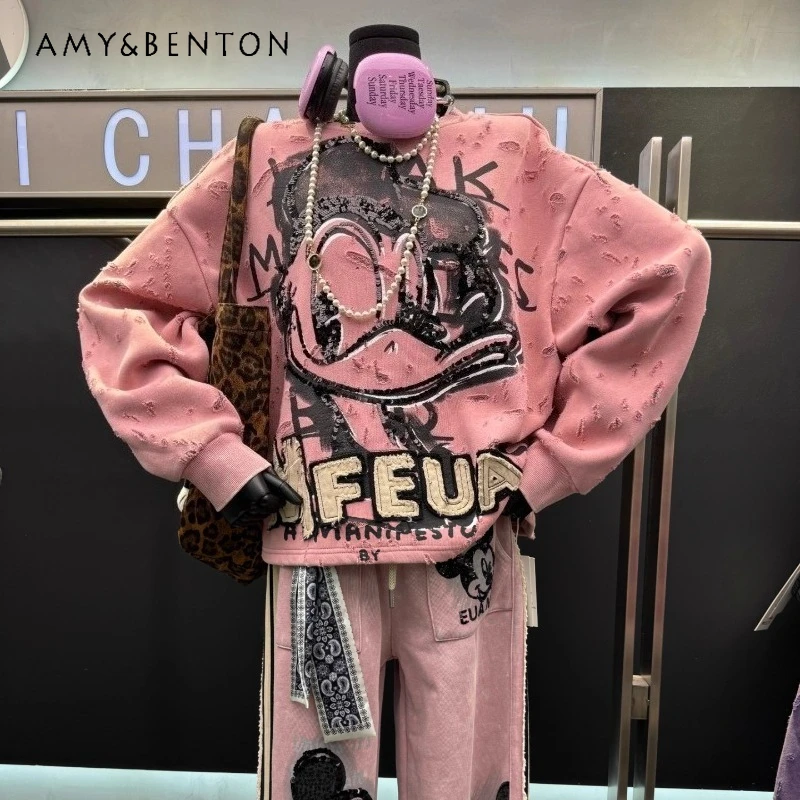

2025 Winter New Vintage Distressed Sequin Cartoon Fleece Sweatshirt Women's Loose Fashion Versatile Top O-Neck Pullover Hoodies