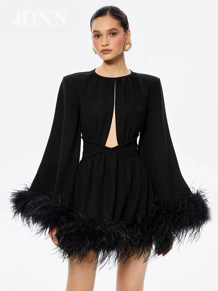 

JONN 2024 New Summer Women's Sexy Black Ball Party Dress Hollow Out Round Neck Long Sleeve Feather Mini Dress Elegant Vestido