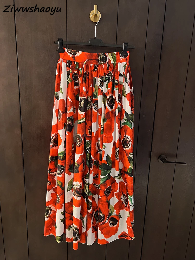 

High Quality Summer Women Fashion Runway Designer High Waist Safflower Floral Printed Big Swing Side Split Cotton Skirts