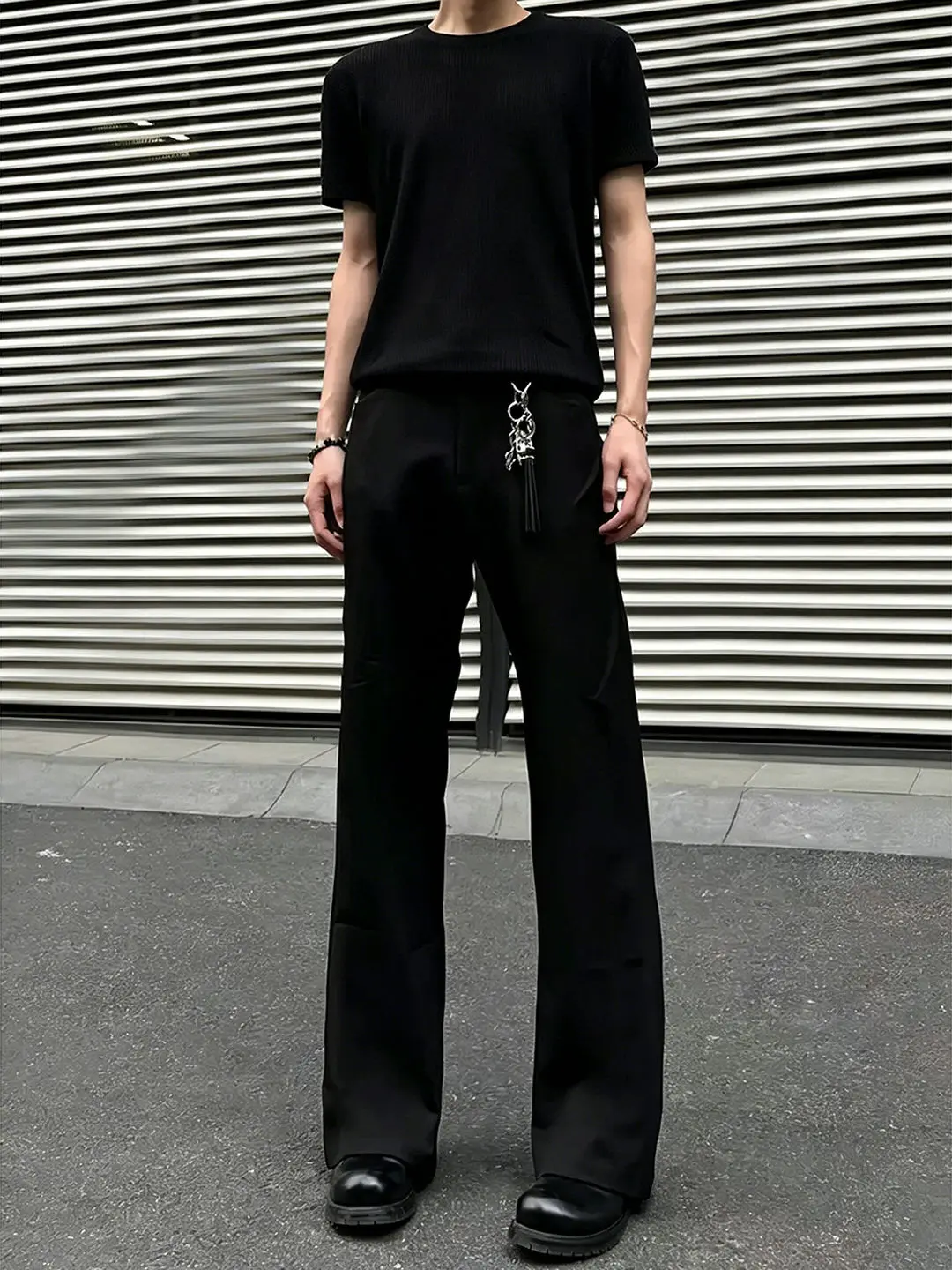 Black Ice Silk Bell Bottom Straight Leg Small West Pants Men's Slimming Trousers Lightweight Luxury Drapey Suit Pants