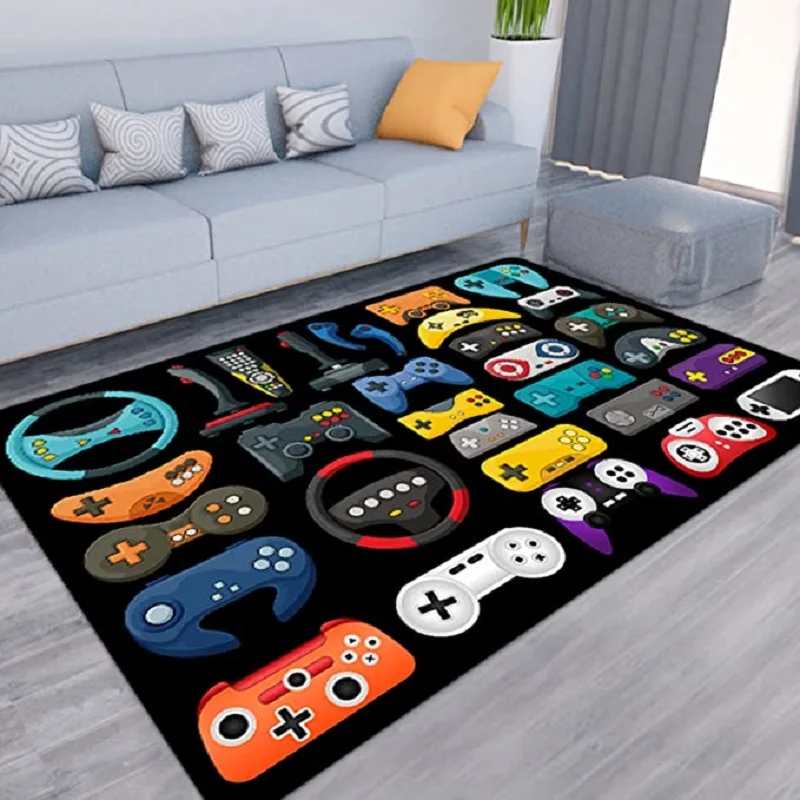 Game Video Gaming Pattern Black Area Rugs Gamer Game Controller Kids Teens Boys Playroom Carpet Bedroom Living Room Floor Mat