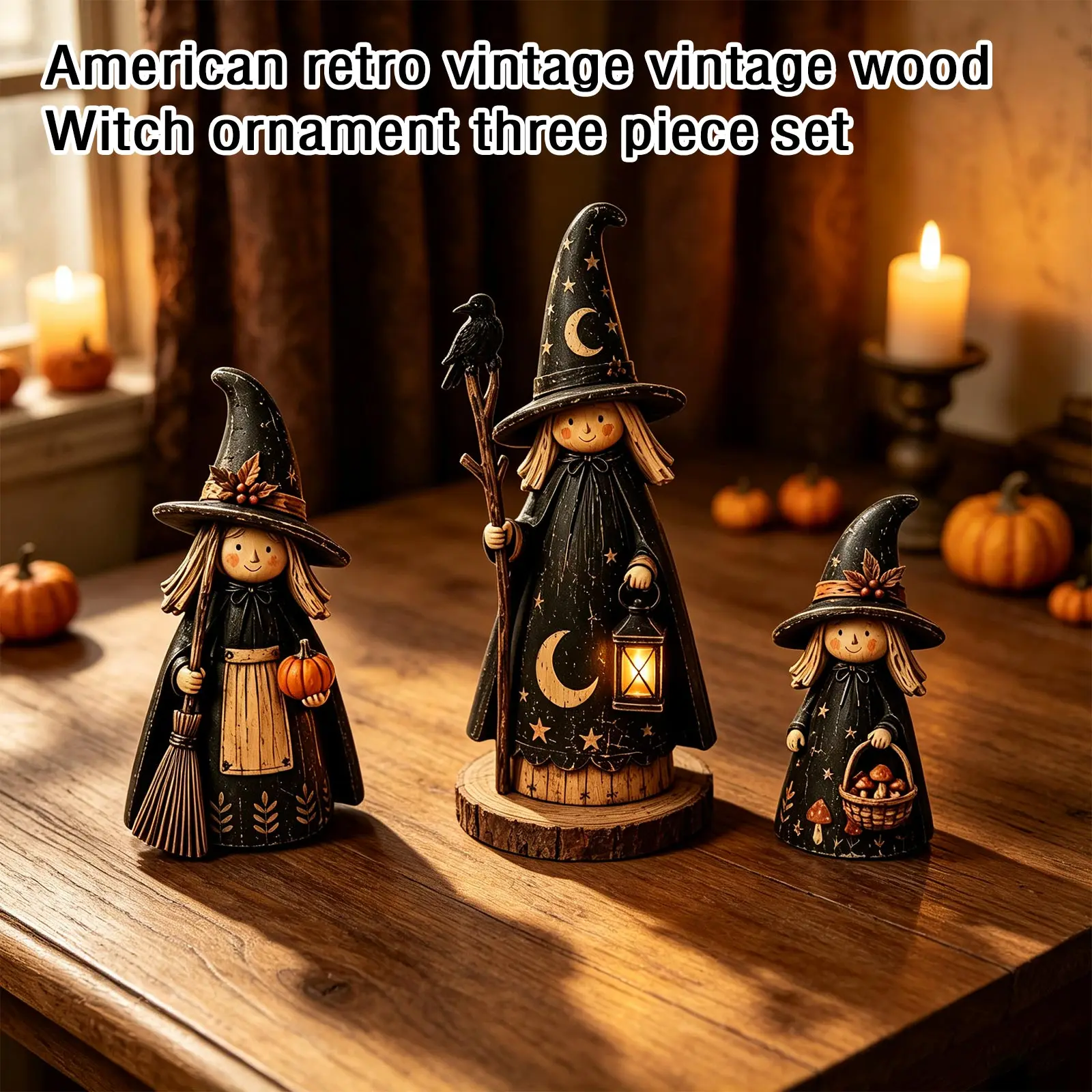  3-Piece Wooden Distressed Witch Figurines Set Vintage Halloween Rustic-style Witch Dolls Halloween Tabletop Decorations