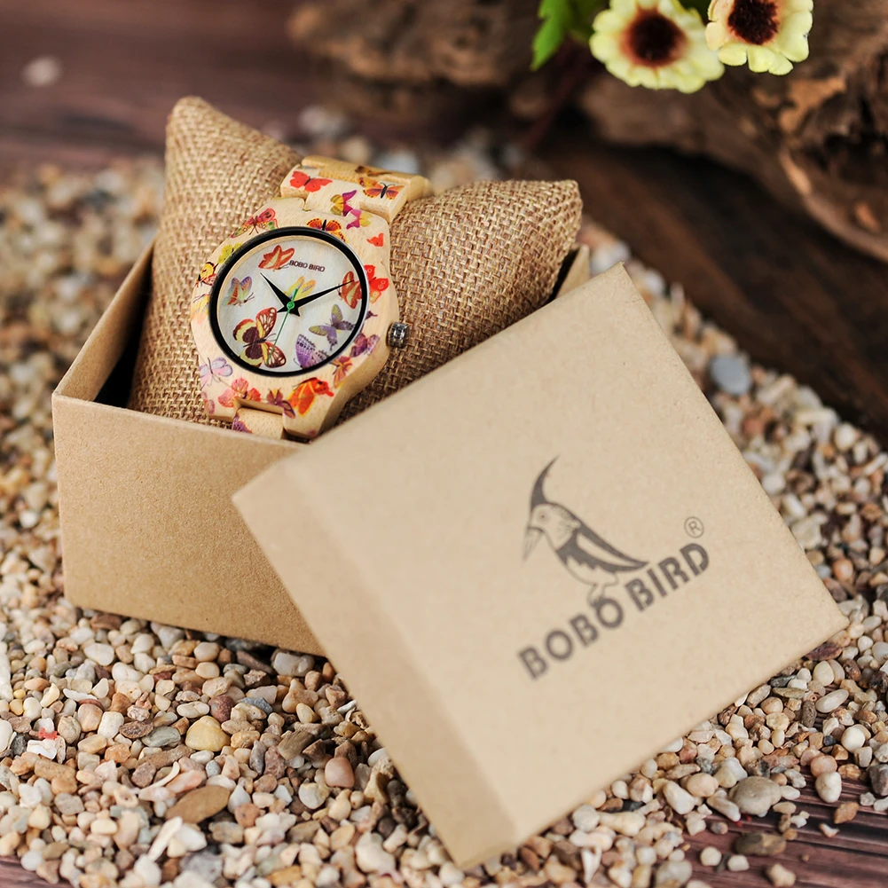 BOBO BIRD Holz Damenuhren Luxus gravierte handgefertigte Damen Quarz-Armbanduhr Holzmuster bedruckte Blumen-Freizeituhr