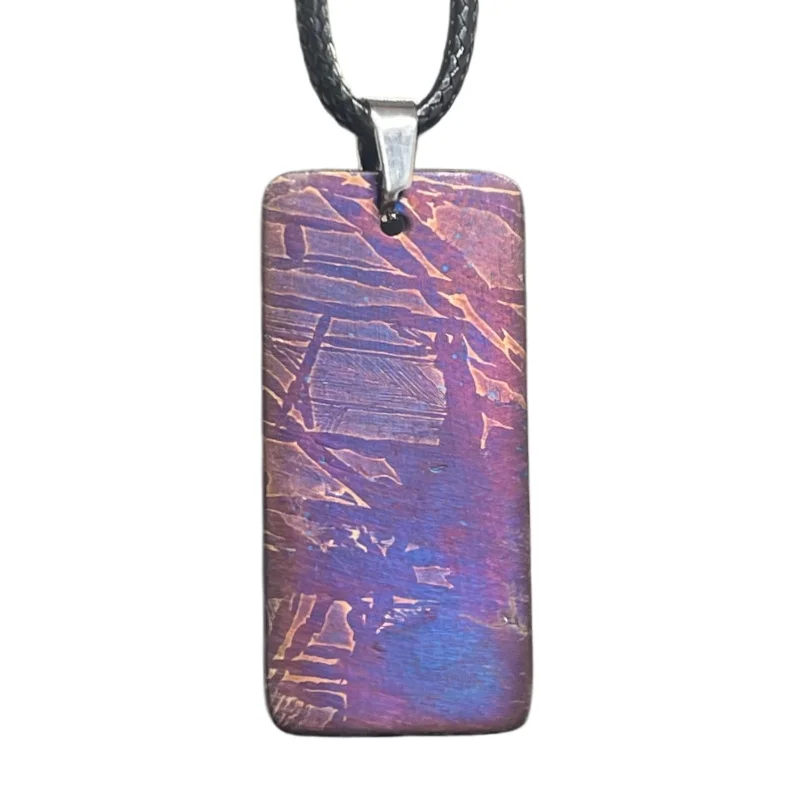Muonionalusta Meteorite Long Rectangle Pendant Blued Etched Widmanstatten Pattern Nickel‑Iron Meteorite Necklace Jewelry LK507