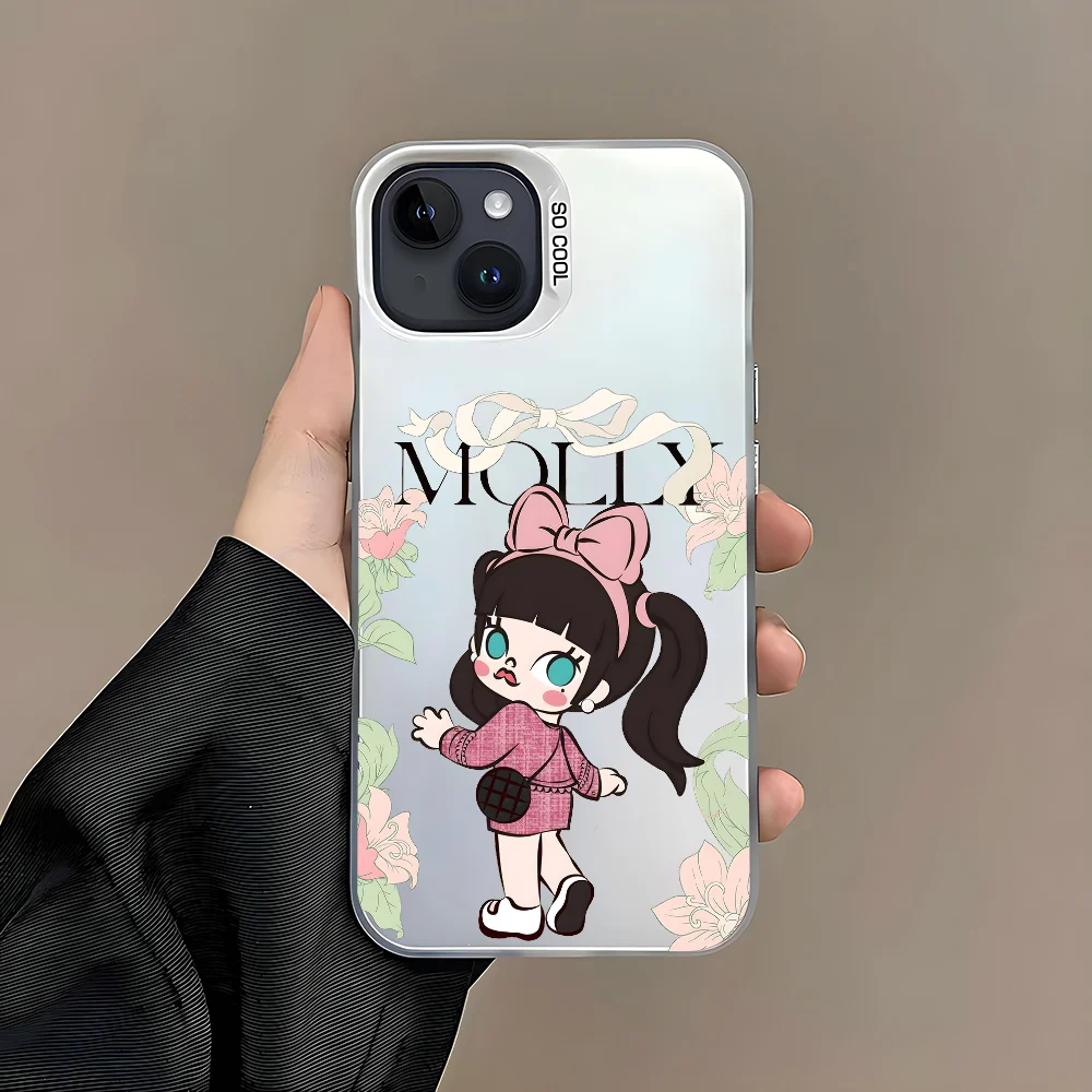 POP MART Molly Pink Kawaii Phone Case For iPhone 16 15 14 13 12 11 Pro Max White Matte Laser Metallic Aurora Funda