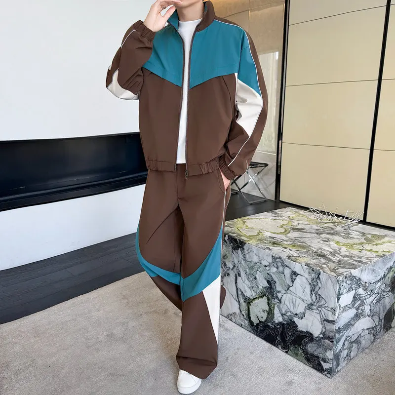 

Spring Youth Color Blo Jaet Set Casual Long Sve Stand Collar Sports Wear Polyester Fabric Men's Two-Piece Suit