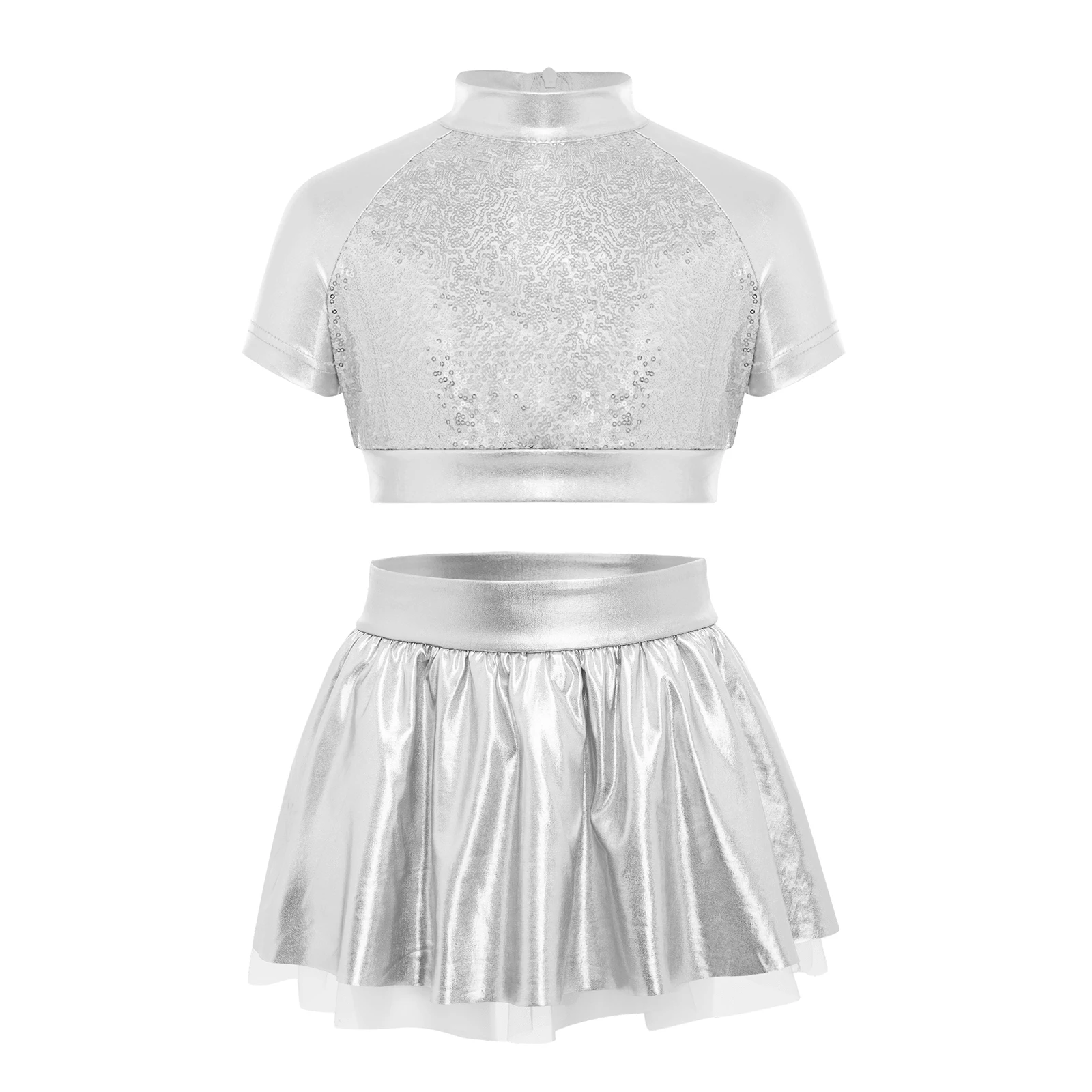 Kids Girls Jazz Dance Performance Outfit Short Sleeve T-shirts Sequins Metallic Crop Top Shiny Tutu Skirt Suits Children Clothes