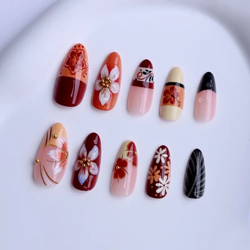 

24 шт., винтажный цветочный пресс для ногтей, миндальная форма, коричневый французский дизайн с вышивкой, осень-зима, элегантный милый крутой стиль, накладные ногти