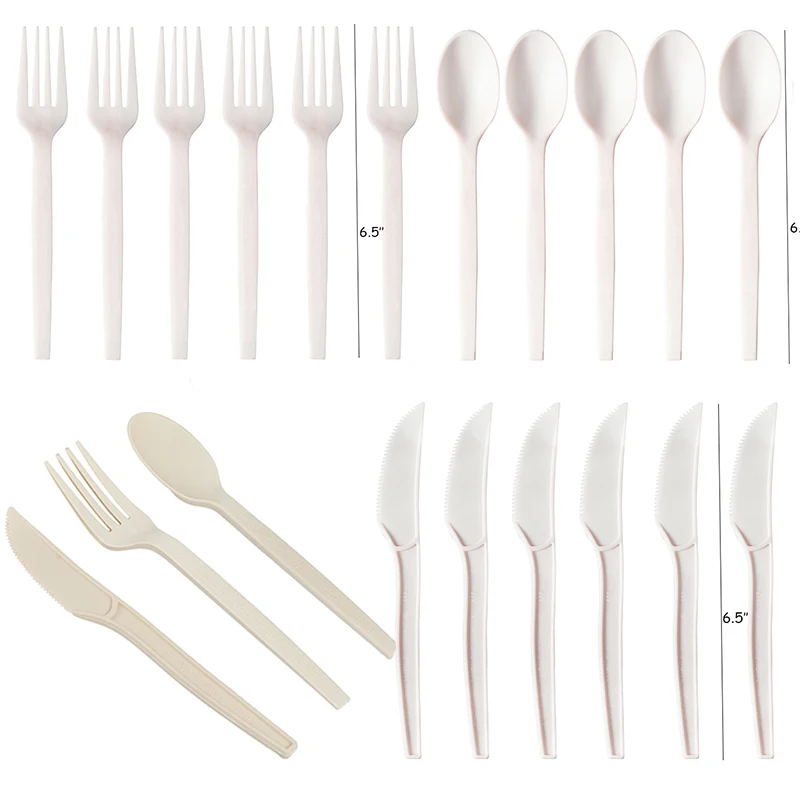 10PCS/Lot Compostable Forks Spoons Knives Cutlery Combo Set Large Disposable Utensils Eco Friendly Durable Tray Forks Spoons