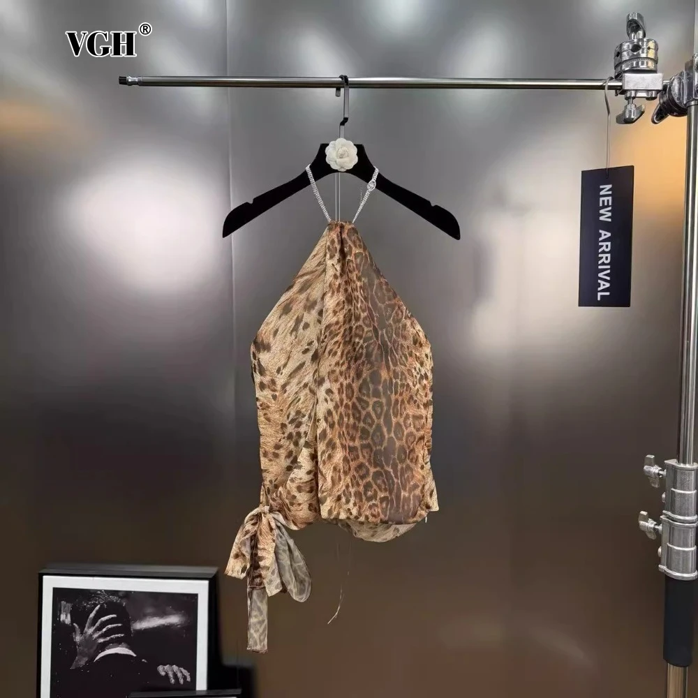 

VGH Sexy Leopard Printing Patchwork Diamonds Vest for Women Halter Sleeveless Backless Spliced Lace Up Club Tank Tops Female New