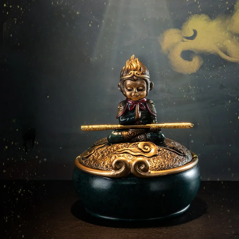 

Chinese style ashtray with lid creative personality trend anti-fly ash home living room office retro wukong ornaments