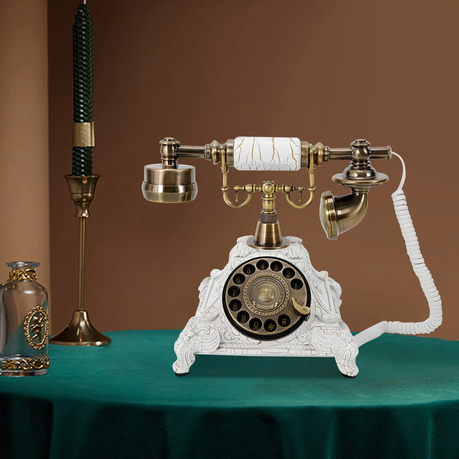 White Antique Phone European Style Vintage Telephone Retro Landline Telephones Decor with Electronic Ringtone for Hotels, Bars