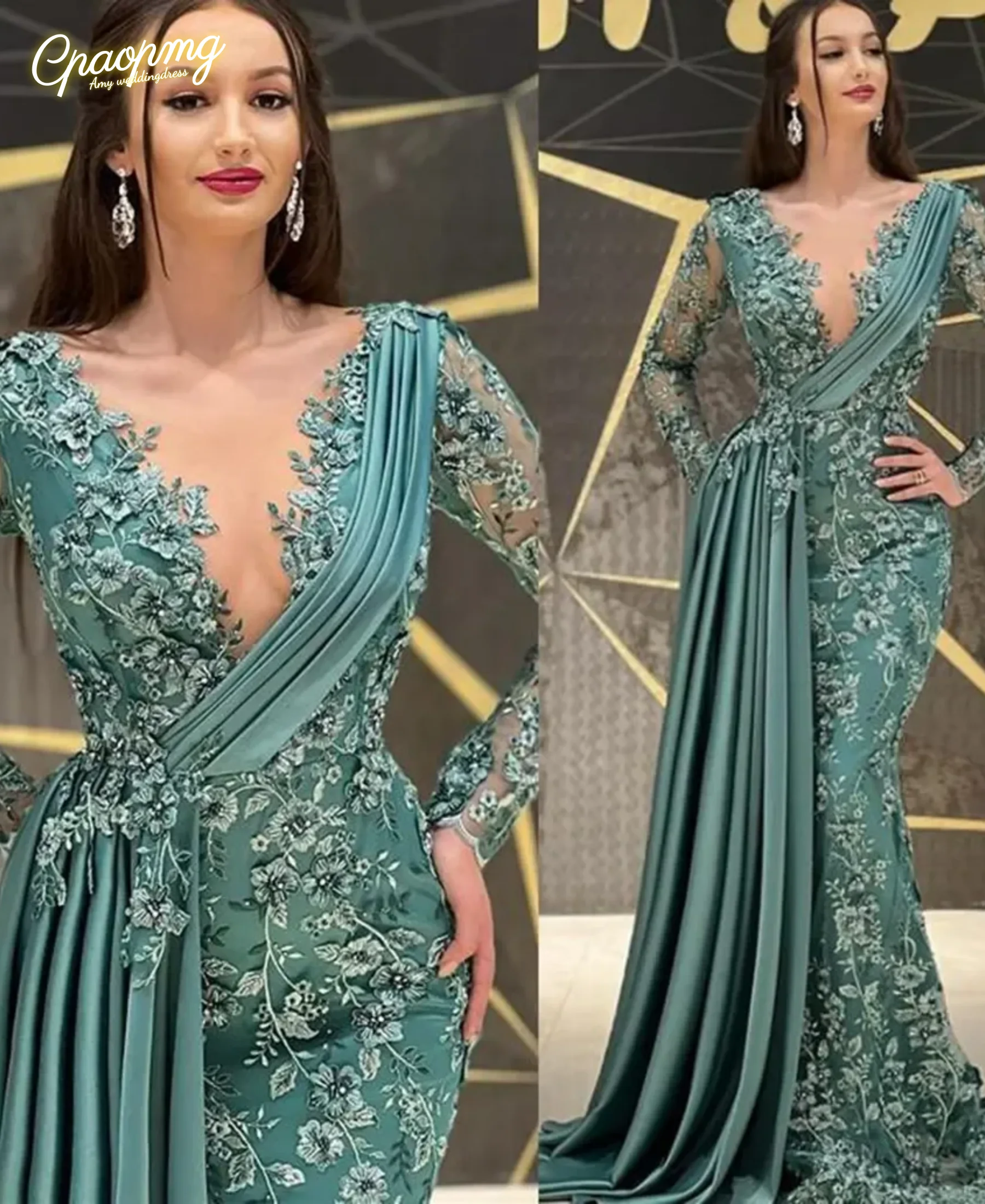 

Customized Illusion Mermaid Evening Dresses Formal Prom Party Gown Scoop Long Sleeve Floor-Length Applique Lace Plus Size