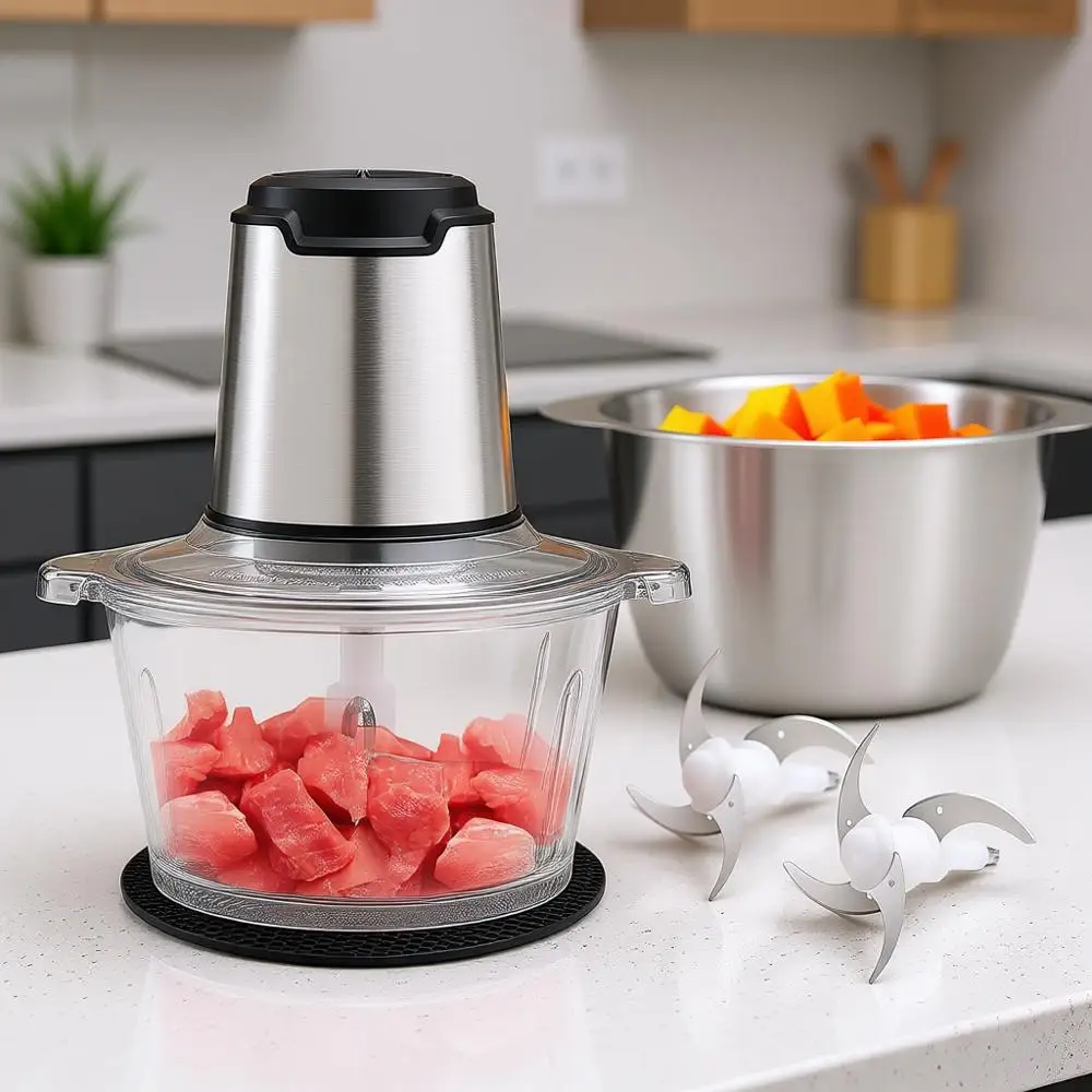 

Электрическая мясорубка с 2 чашами (8 и 8 унций), измельчитель овощей с 4 большими лезвиями для фруктов, мяса, овощей, детского питания