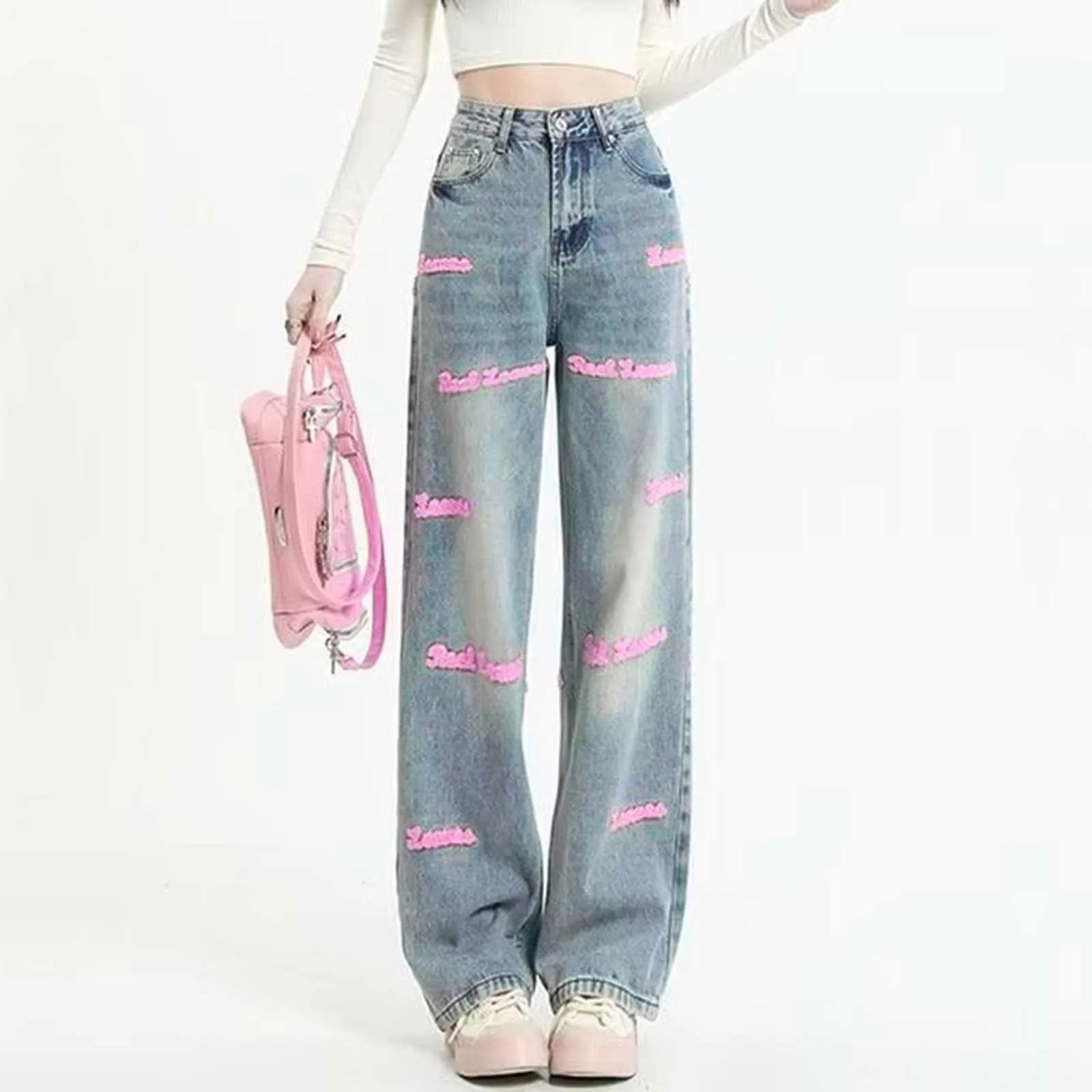 

Y2K Baggy Jeans New Fashion Pink Embroidered Wide Leg Jean Women's High Waist Vintage Demin Pants Loose Draggy Straight Leg Pant