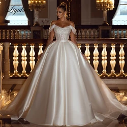 Liyuke Elegant Off Shoulder Princess Wedding Dress Luxury Stunning Satin Beading Lace Bridal Gowns Vestido De Noiva