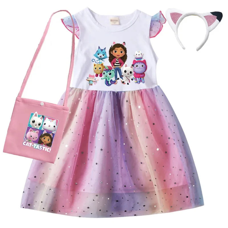Casa de muñecas de Gabby, vestidos para niñas, ropa de gato Gabby para niños, disfraz de Cosplay, vestido informal con mangas voladoras + diadema + bolsa