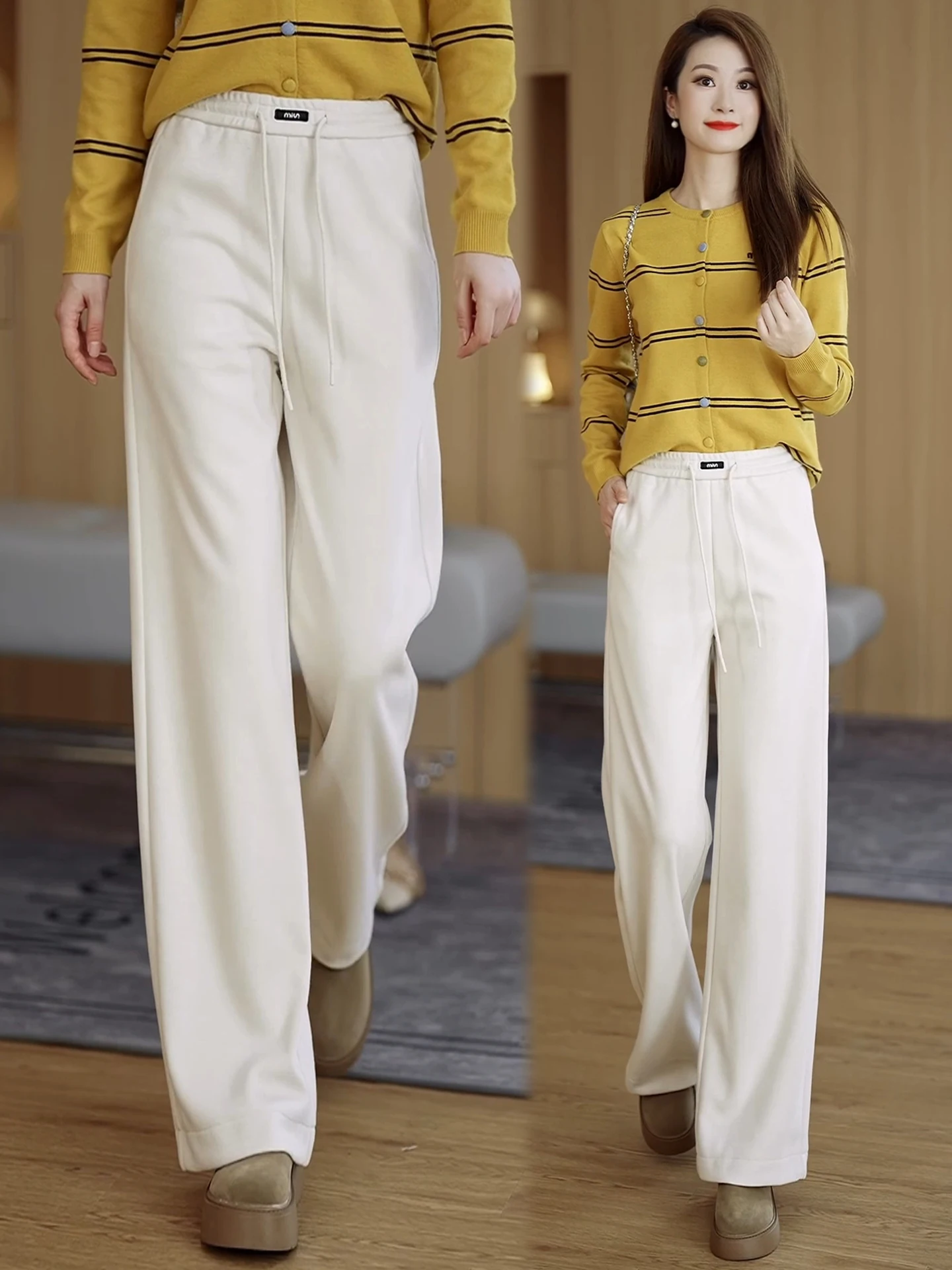 

Soft Fleece Lined High Waist Draped Wide Leg Pants Women's Autumn Winter Casual Loose Straight Cut Comfortable Pants