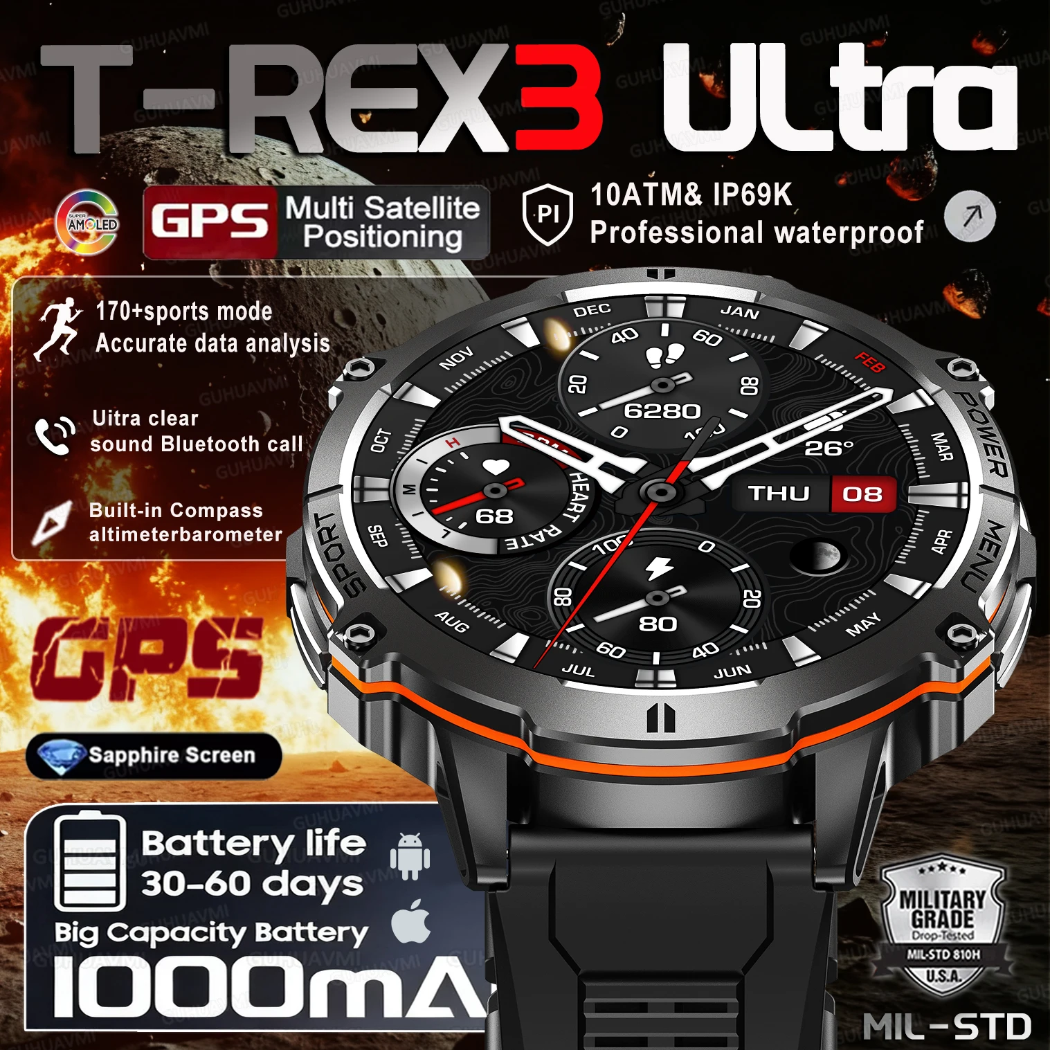 2025 HOT New T-REX3 SmartWatch 1000mAh Large Battery Durable Compass 10ATM Waterproof Tactics 170+Sport BT call Smart Watch Men