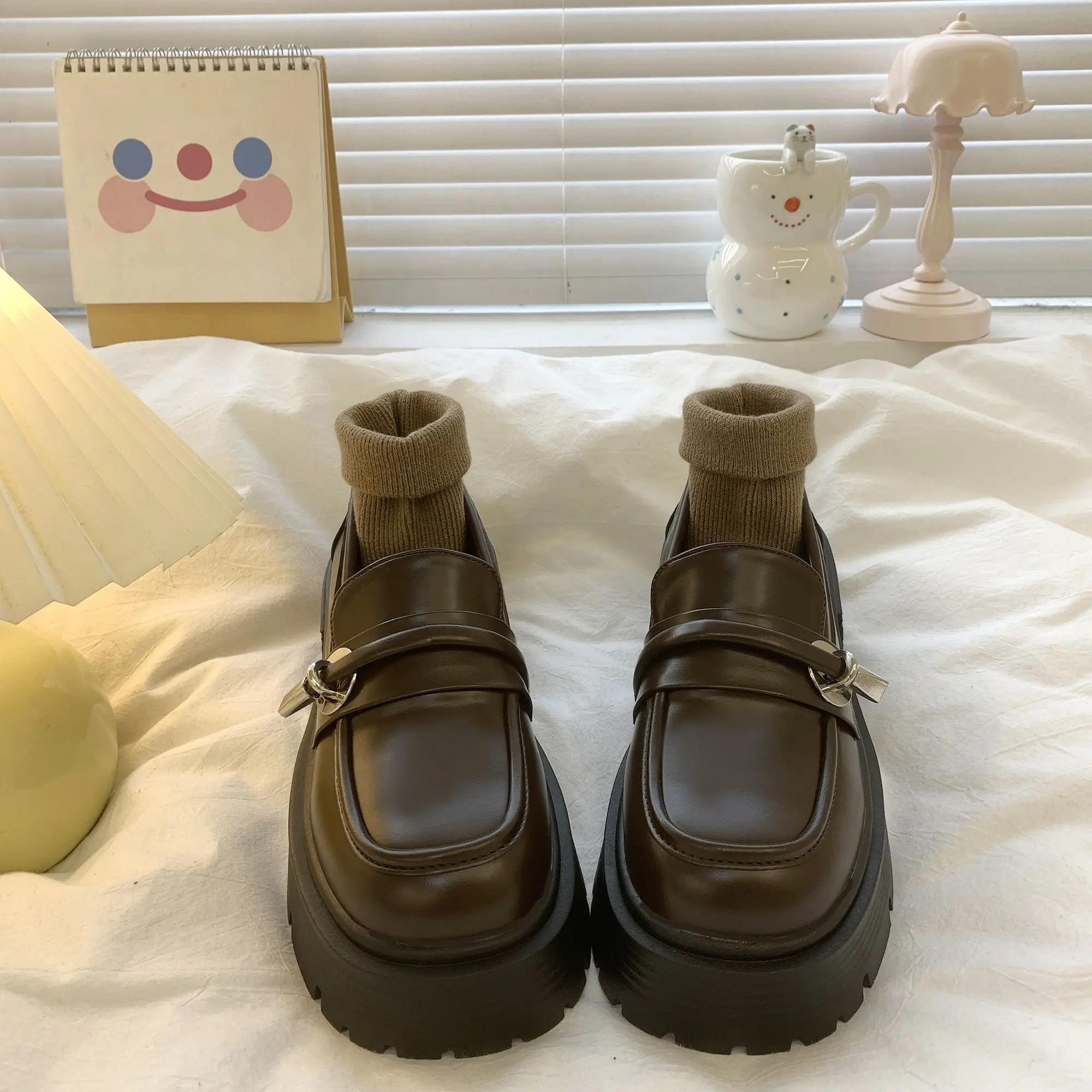 

White Platform Height Increasing Leather Loafers Mary Janes 2026 New Spring Vintage Chunky Heel Flats Women
