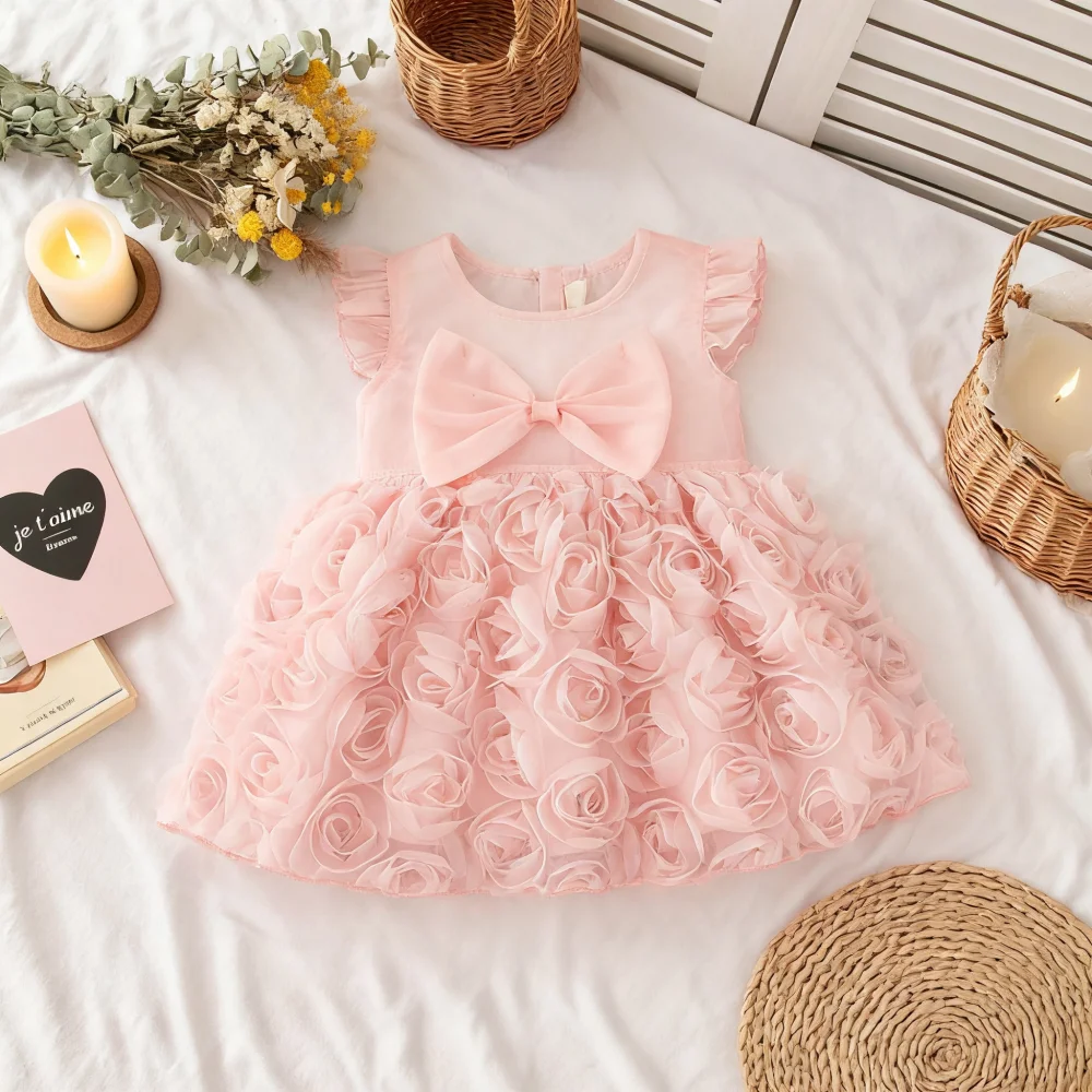 

Baby Girl Dress Summer Flower Mesh Small Fly Sleeves Girl Dress Cute Bow Girl Princess Dress Baby Girl Clothes ﻿